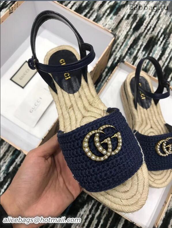 Good Quality Gucci Crochet Espadrilles Sandals 932502 Navy Blue With Pearls Double G 2019