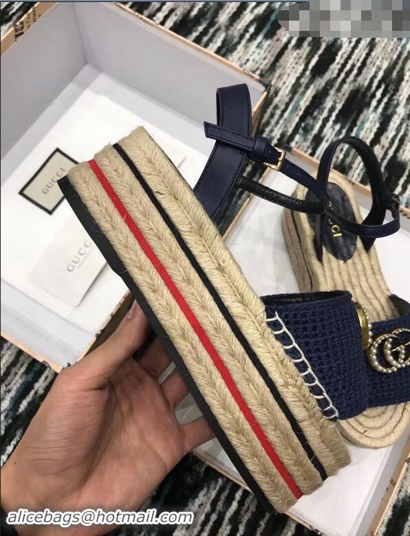 Good Quality Gucci Crochet Espadrilles Sandals 932502 Navy Blue With Pearls Double G 2019