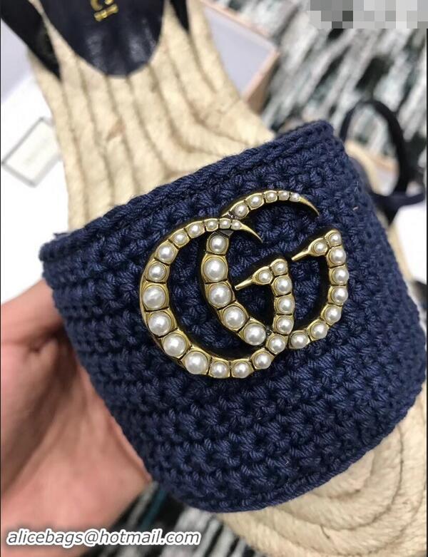 Good Quality Gucci Crochet Espadrilles Sandals 932502 Navy Blue With Pearls Double G 2019