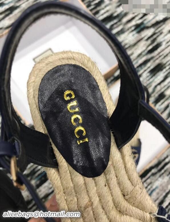 Good Quality Gucci Crochet Espadrilles Sandals 932502 Navy Blue With Pearls Double G 2019