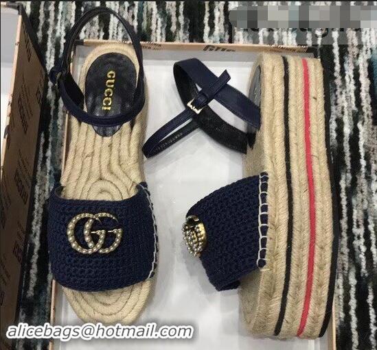 Good Quality Gucci Crochet Espadrilles Sandals 932502 Navy Blue With Pearls Double G 2019