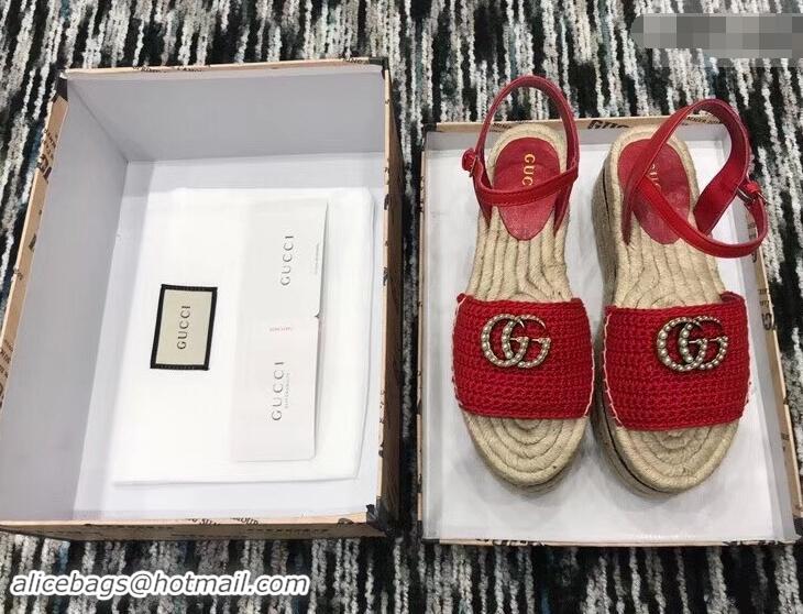 Low Cost Gucci Crochet Espadrilles Sandals 932503 Red With Pearls Double G 2019