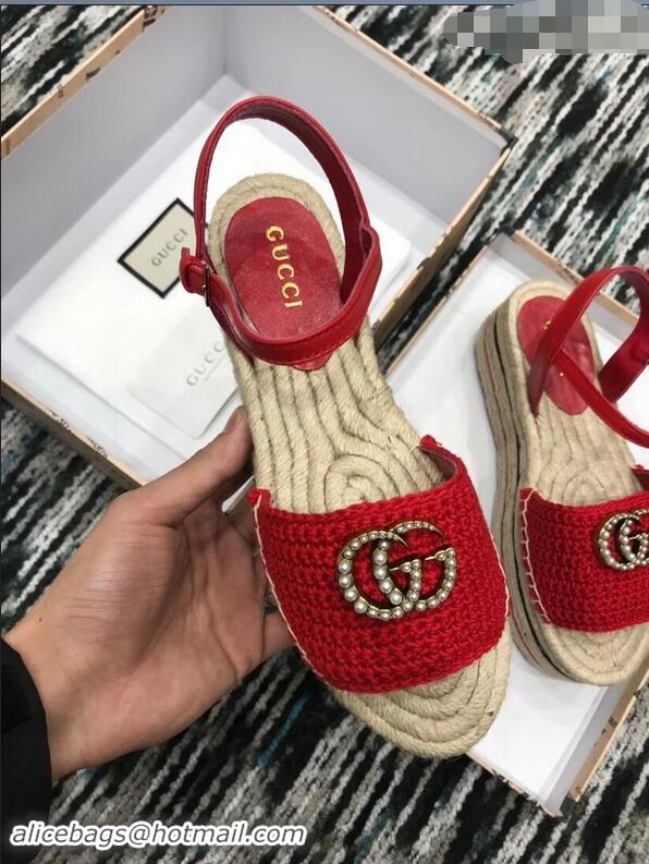 Low Cost Gucci Crochet Espadrilles Sandals 932503 Red With Pearls Double G 2019