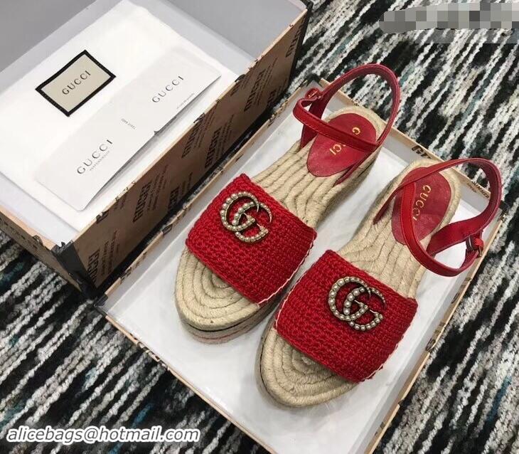 Low Cost Gucci Crochet Espadrilles Sandals 932503 Red With Pearls Double G 2019