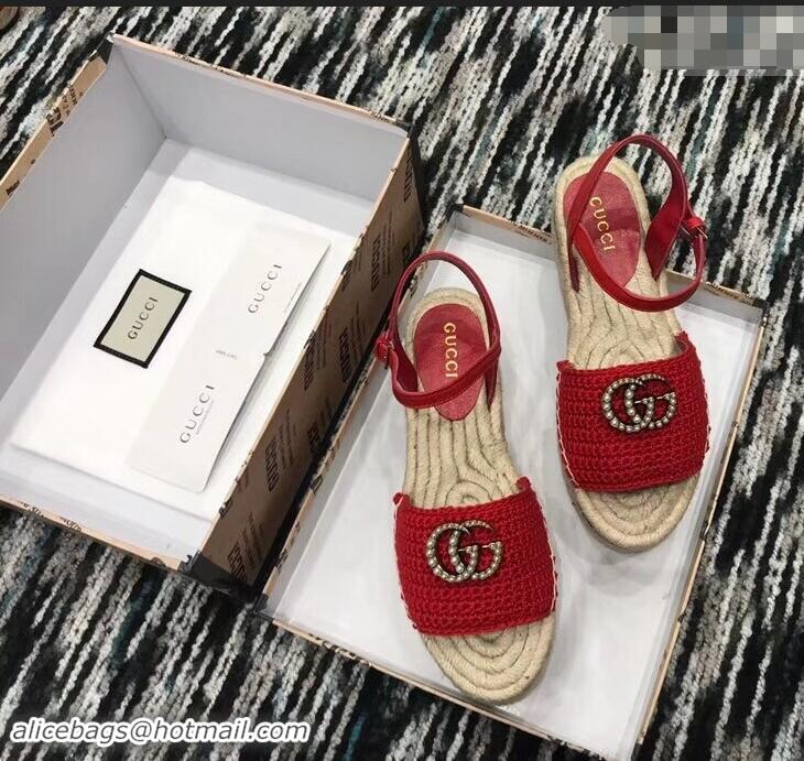 Low Cost Gucci Crochet Espadrilles Sandals 932503 Red With Pearls Double G 2019