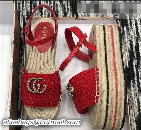 Low Cost Gucci Crochet Espadrilles Sandals 932503 Red With Pearls Double G 2019