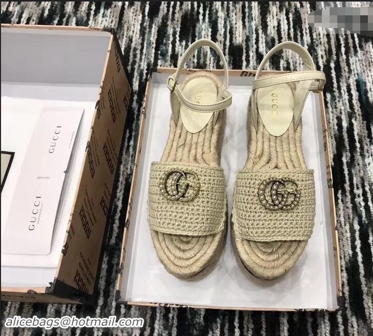 Low Price Gucci Crochet Espadrilles Sandals 932504 Nude With Pearls Double G 2019