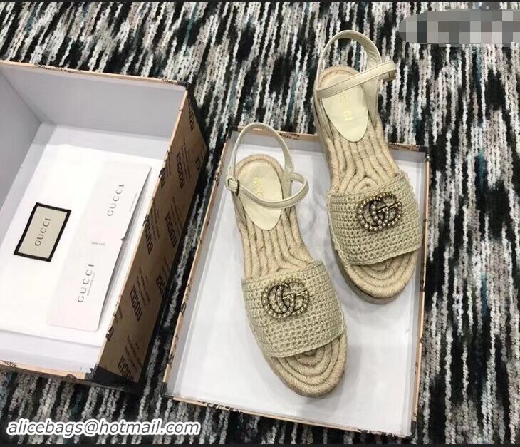 Low Price Gucci Crochet Espadrilles Sandals 932504 Nude With Pearls Double G 2019