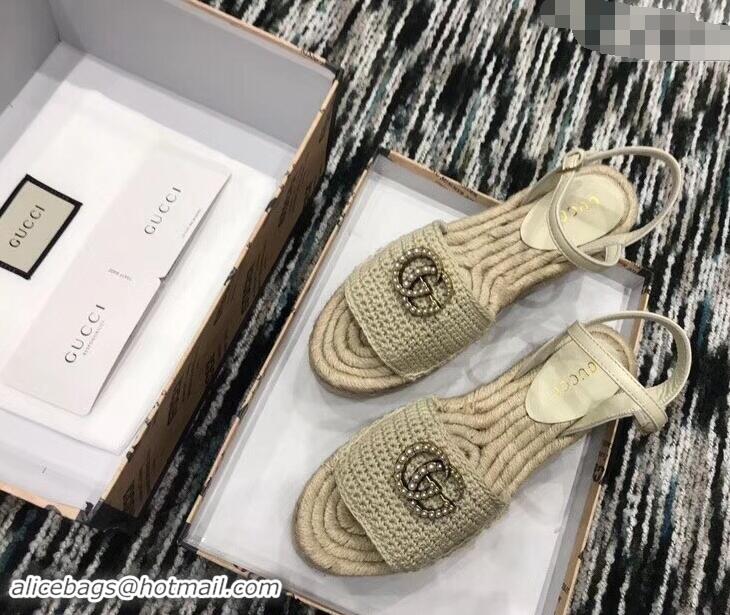 Low Price Gucci Crochet Espadrilles Sandals 932504 Nude With Pearls Double G 2019