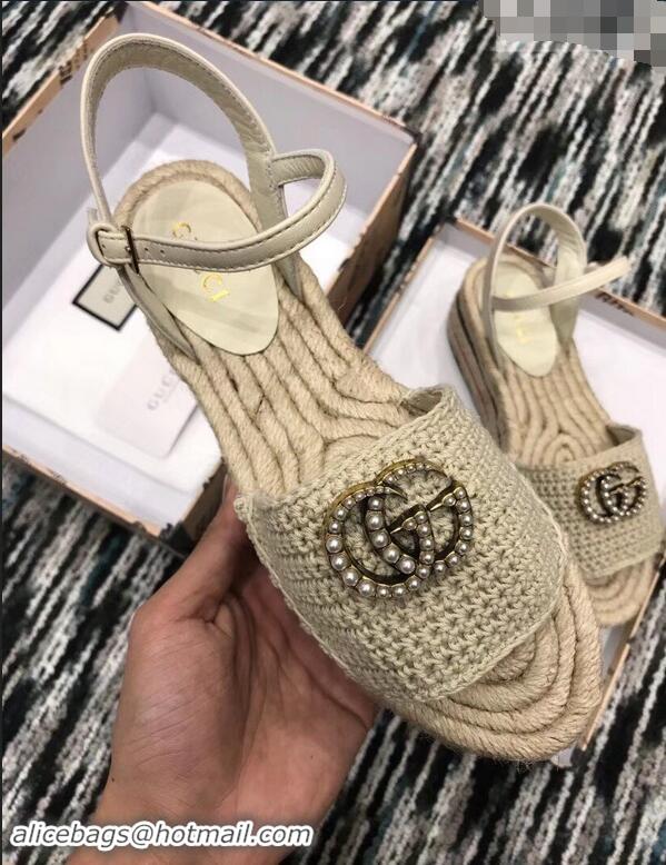 Low Price Gucci Crochet Espadrilles Sandals 932504 Nude With Pearls Double G 2019