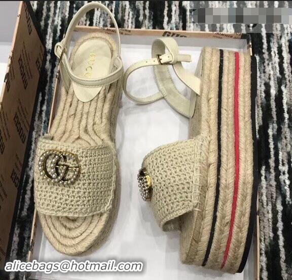 Low Price Gucci Crochet Espadrilles Sandals 932504 Nude With Pearls Double G 2019