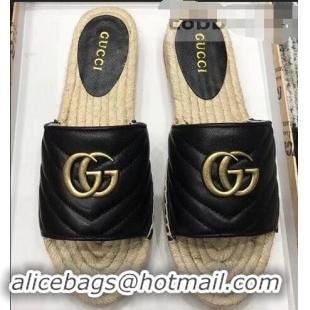 Super Gucci Leather Espadrilles Slides Sandals Black With Double G 573028 2019