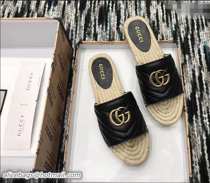 Super Gucci Leather Espadrilles Slides Sandals Black With Double G 573028 2019