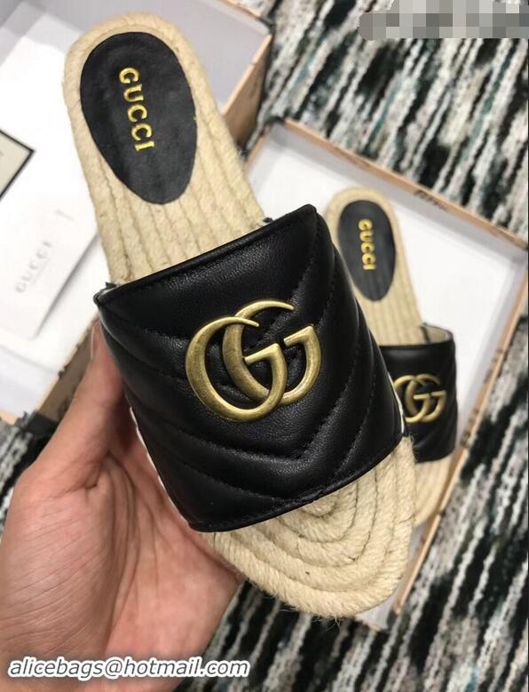 Super Gucci Leather Espadrilles Slides Sandals Black With Double G 573028 2019