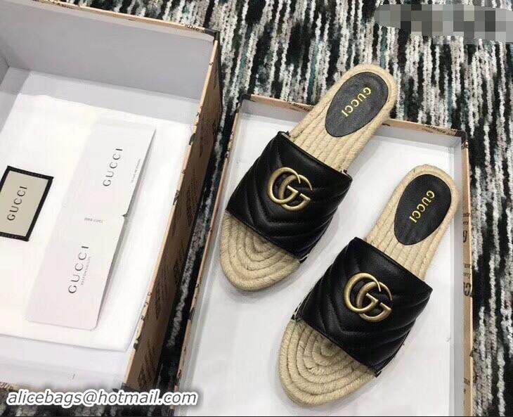 Super Gucci Leather Espadrilles Slides Sandals Black With Double G 573028 2019