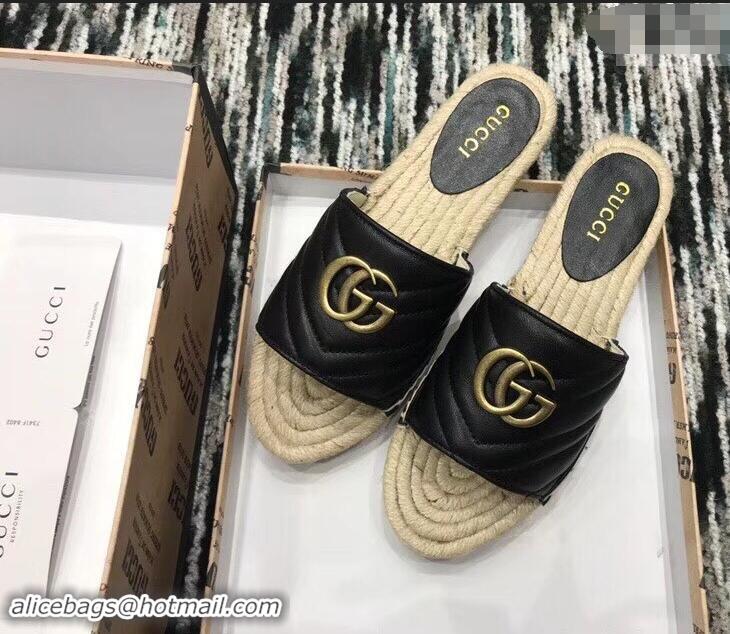 Super Gucci Leather Espadrilles Slides Sandals Black With Double G 573028 2019