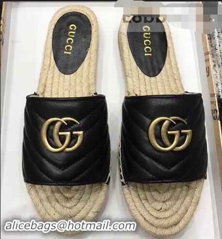 Super Gucci Leather Espadrilles Slides Sandals Black With Double G 573028 2019