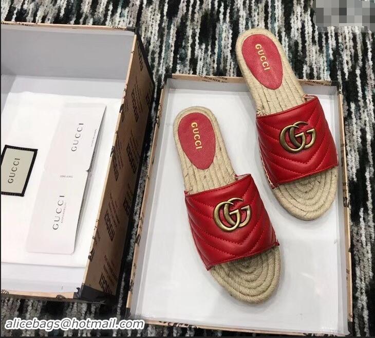 Unique Style Gucci Leather Espadrilles Slides Sandals Red With Double G 573028 2019