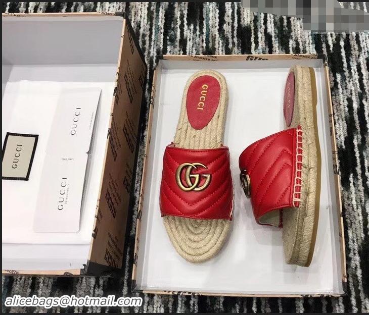 Unique Style Gucci Leather Espadrilles Slides Sandals Red With Double G 573028 2019