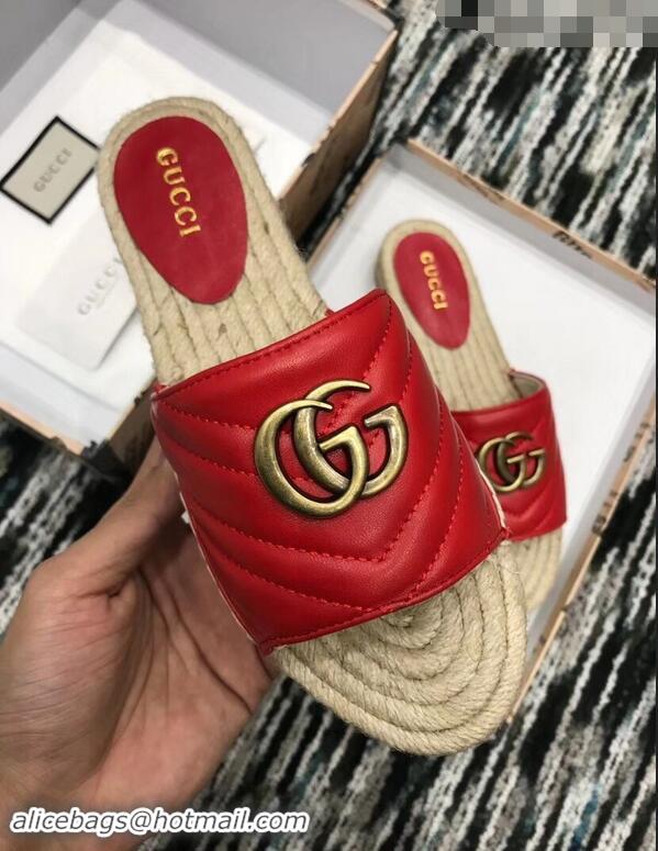 Unique Style Gucci Leather Espadrilles Slides Sandals Red With Double G 573028 2019