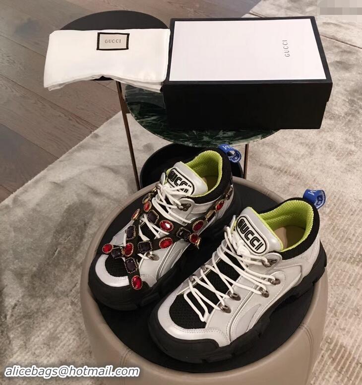 Luxurious Gucci Flashtrek Sneakers 932602 Silver/Green with Removable Crystals 2019