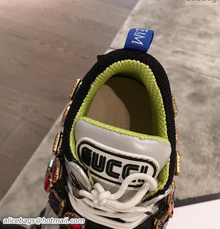 Luxurious Gucci Flashtrek Sneakers 932602 Silver/Green with Removable Crystals 2019