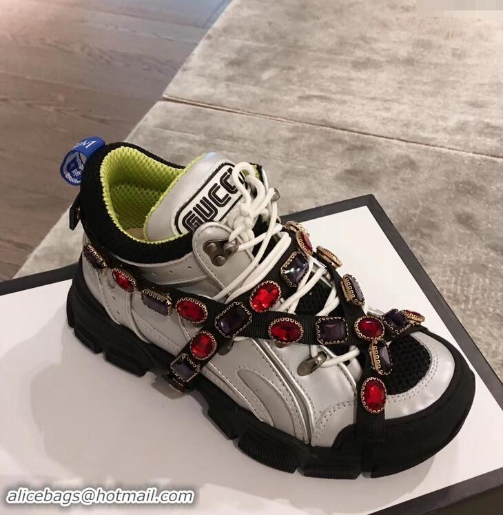 Luxurious Gucci Flashtrek Sneakers 932602 Silver/Green with Removable Crystals 2019