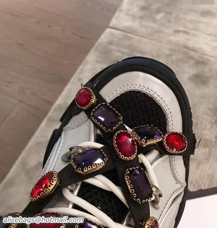 Luxurious Gucci Flashtrek Sneakers 932602 Silver/Green with Removable Crystals 2019