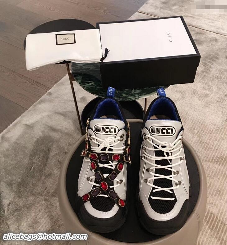 Most Popular Gucci Flashtrek Sneakers 932603 Silver/Blue with Removable Crystals 2019