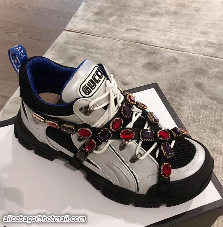 Most Popular Gucci Flashtrek Sneakers 932603 Silver/Blue with Removable Crystals 2019