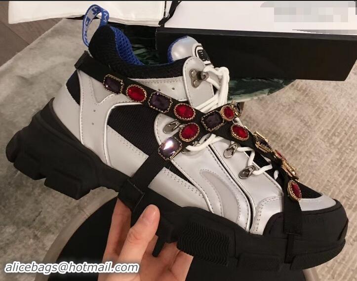 Most Popular Gucci Flashtrek Sneakers 932603 Silver/Blue with Removable Crystals 2019