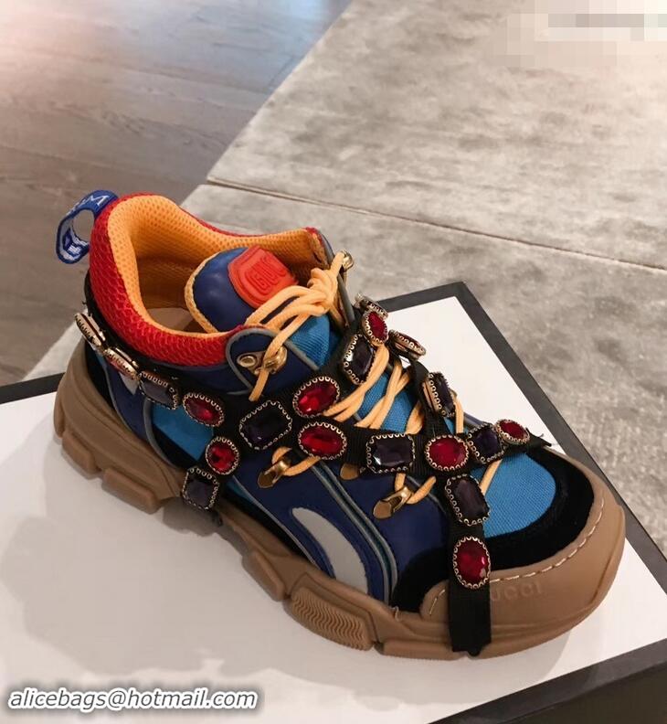 Buy Fashionable Gucci Flashtrek Sneakers 932604 Blue with Removable Crystals 2019