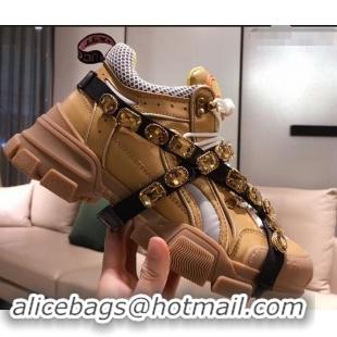 Low Price Gucci Flashtrek Sneakers 932605 Gold with Removable Crystals 2019