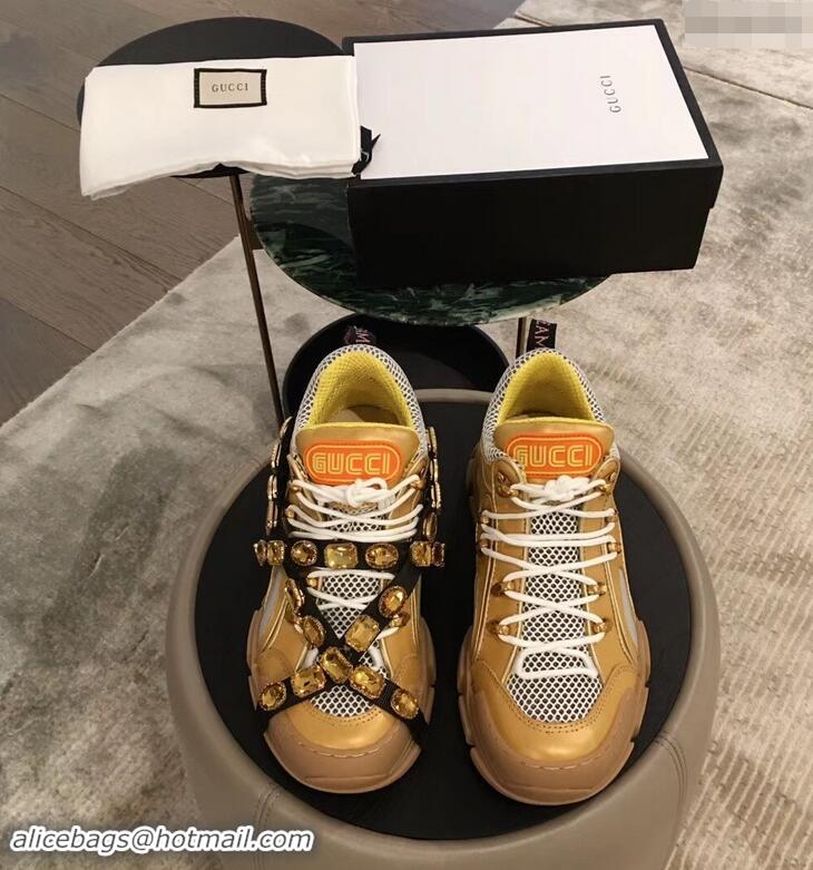 Low Price Gucci Flashtrek Sneakers 932605 Gold with Removable Crystals 2019