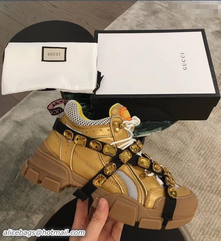 Low Price Gucci Flashtrek Sneakers 932605 Gold with Removable Crystals 2019