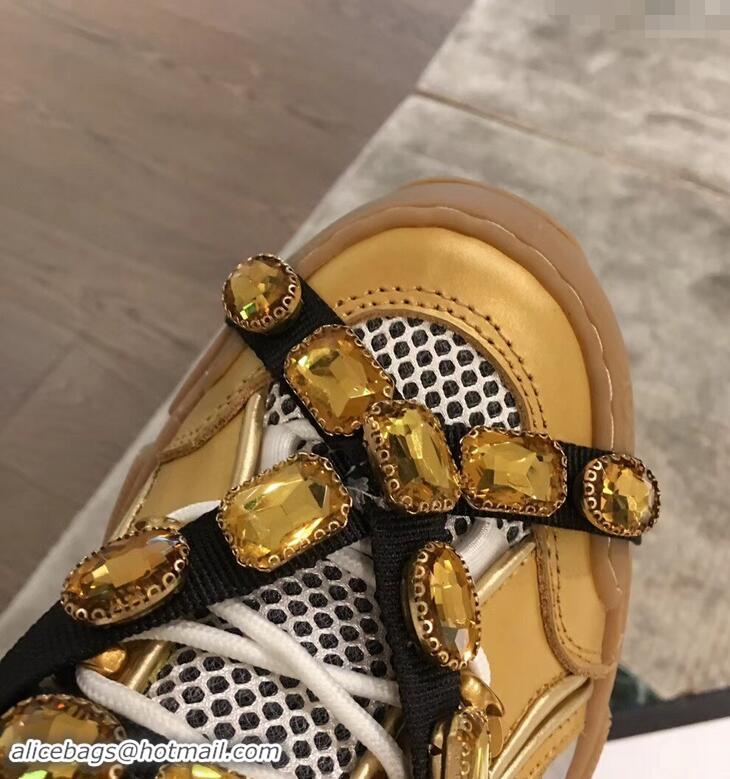 Low Price Gucci Flashtrek Sneakers 932605 Gold with Removable Crystals 2019