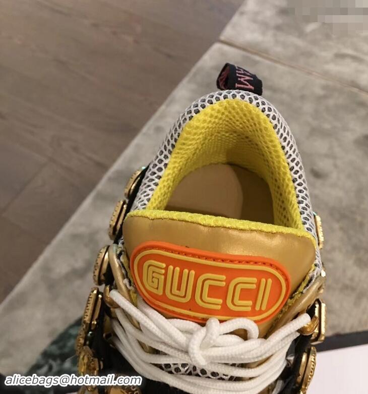 Low Price Gucci Flashtrek Sneakers 932605 Gold with Removable Crystals 2019