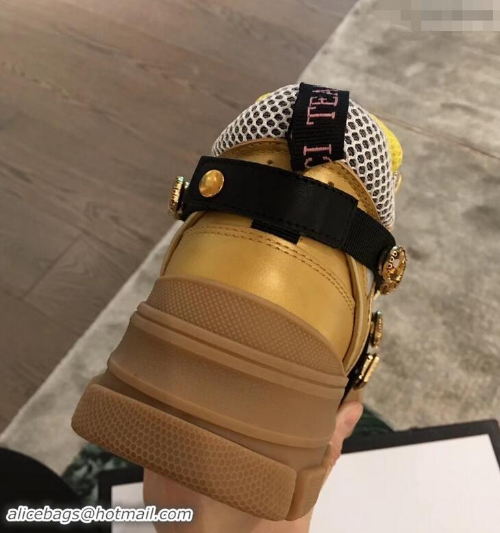 Low Price Gucci Flashtrek Sneakers 932605 Gold with Removable Crystals 2019