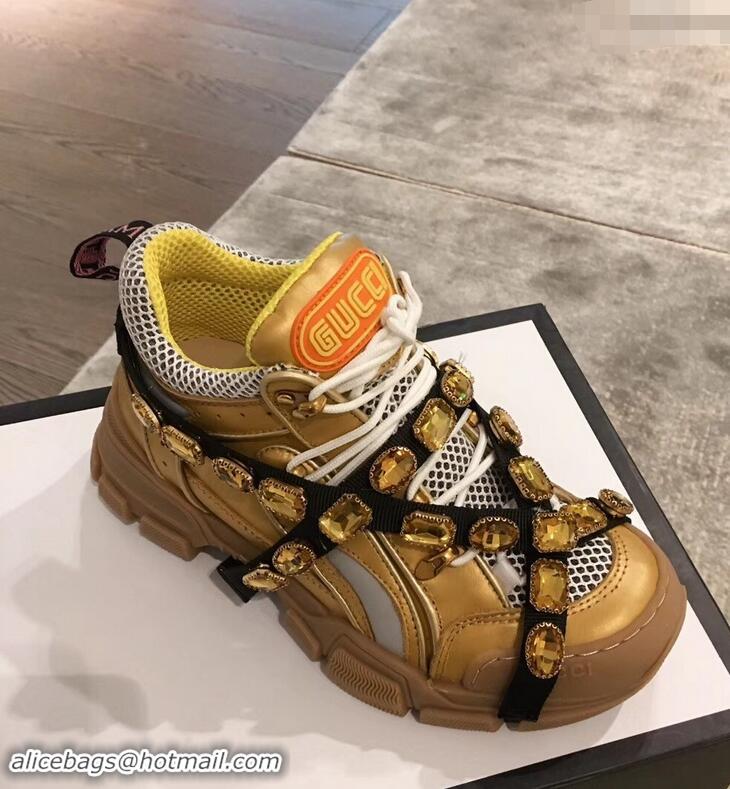 Low Price Gucci Flashtrek Sneakers 932605 Gold with Removable Crystals 2019