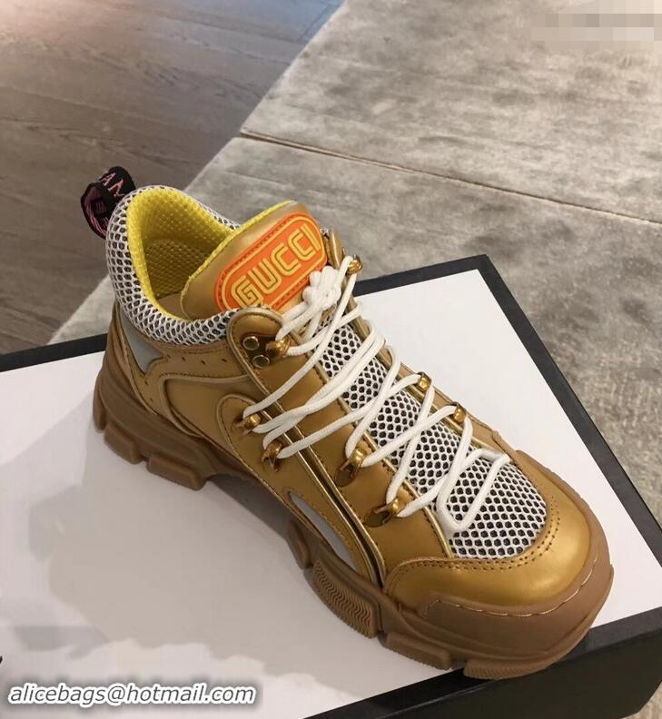 Low Price Gucci Flashtrek Sneakers 932605 Gold with Removable Crystals 2019