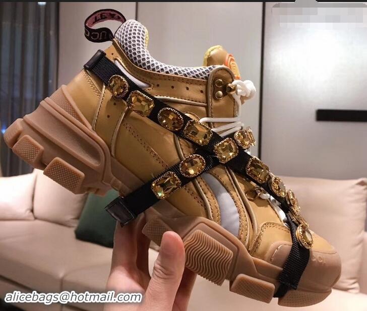 Low Price Gucci Flashtrek Sneakers 932605 Gold with Removable Crystals 2019