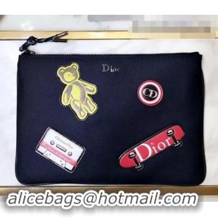 Grade Quality Dior Flat Pouch Clutch Bag In Nylon With Multiple Patches 500420 Navy Blue