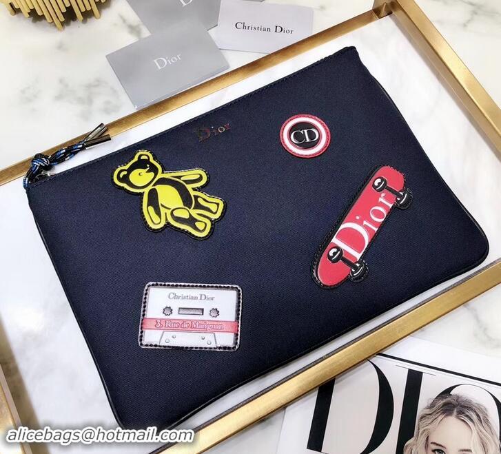 Grade Quality Dior Flat Pouch Clutch Bag In Nylon With Multiple Patches 500420 Navy Blue