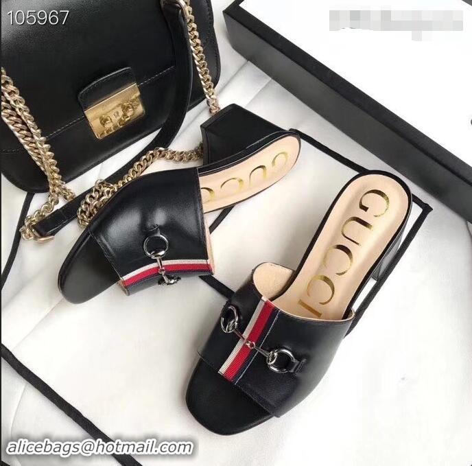 Famous Brand Gucci Horsebit and Sylvie Web Heel Slides G932622 Black 2019