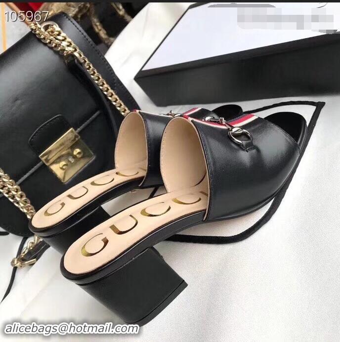 Famous Brand Gucci Horsebit and Sylvie Web Heel Slides G932622 Black 2019