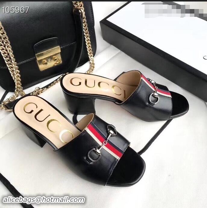 Famous Brand Gucci Horsebit and Sylvie Web Heel Slides G932622 Black 2019