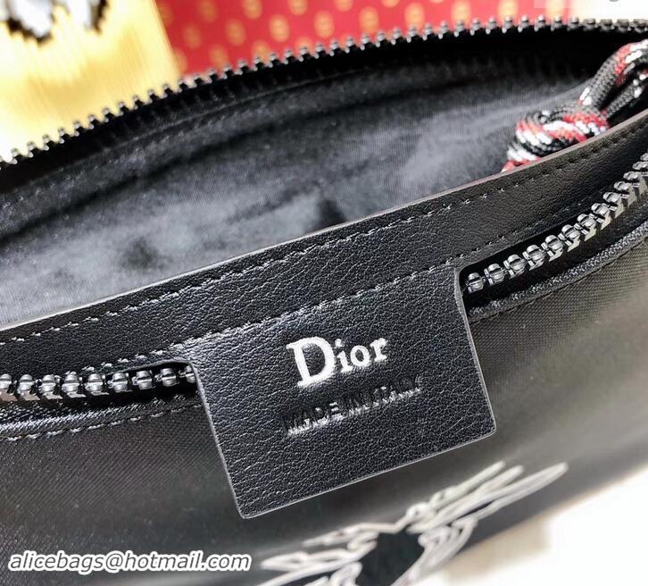 Classic Hot Dior Flat Pouch Clutch Bag In Black Nylon With Bee Patches 500423