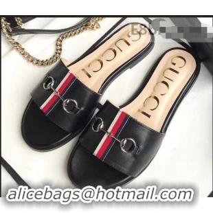 Newest Gucci Horsebit and Sylvie Web Flat Slides G932626 Black 2019