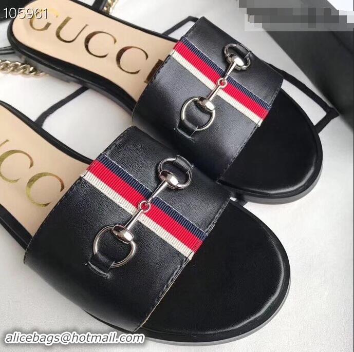 Newest Gucci Horsebit and Sylvie Web Flat Slides G932626 Black 2019