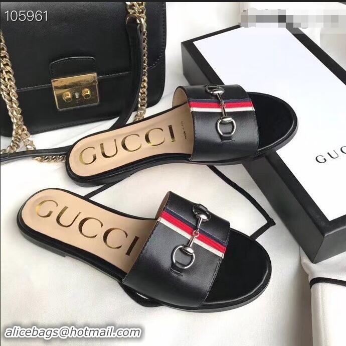 Newest Gucci Horsebit and Sylvie Web Flat Slides G932626 Black 2019